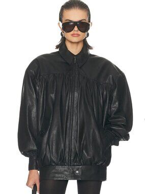 NEW Helsa The Shirred Oversized Leather Jacket in Black Motorcycle Bomber Coat
